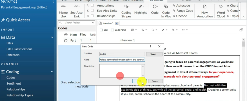 Image showing the creation of a code in Nvivo 14