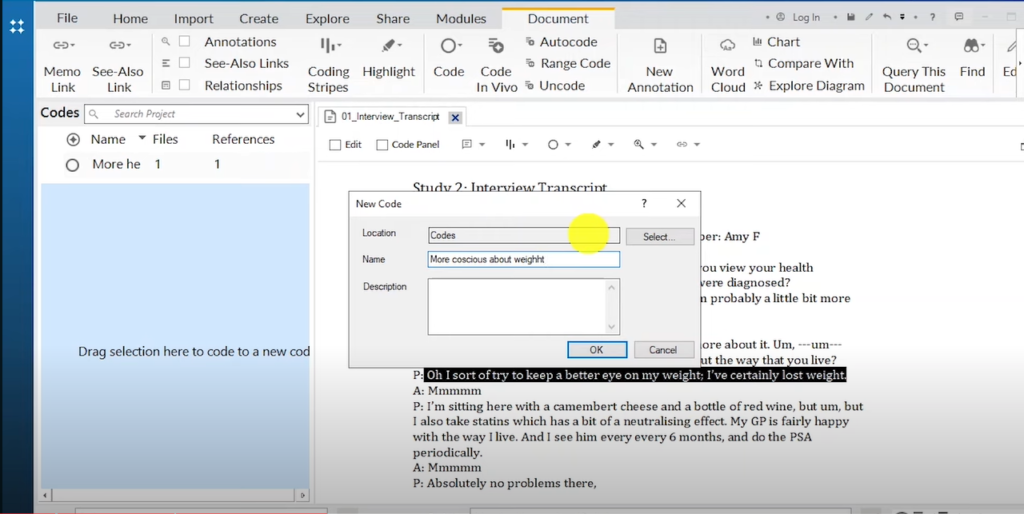 Image showing the creation of a code in Nvivo 14