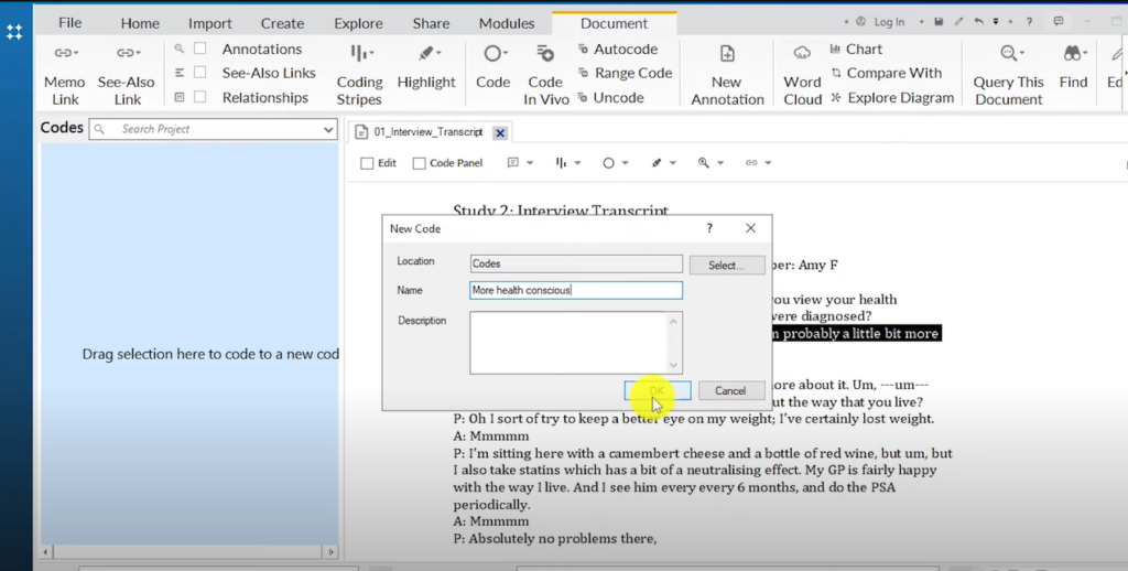 Image showing the creation of a code in Nvivo 14