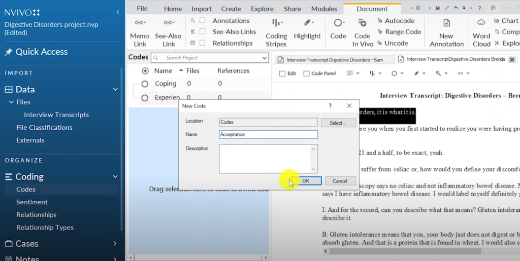 Image showing the creation of a code in Nvivo 14