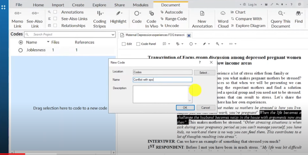  Image showing the creation of a code in Nvivo 14