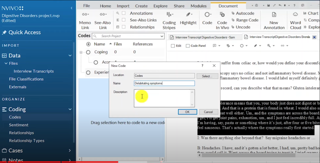 Image showing the creation of a code in Nvivo 14