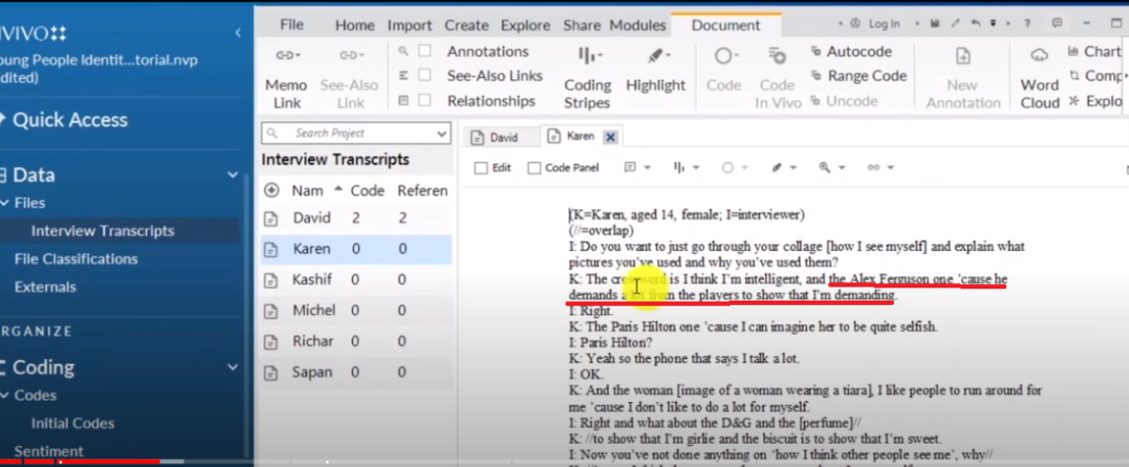 Image showing a section of a transcript in Nvivo 14