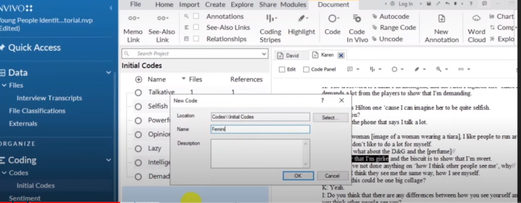 Image showing the creation of a code in Nvivo 14