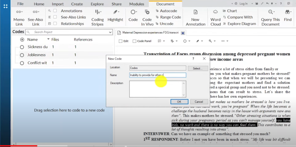 Image showing the creation of a code in Nvivo 14