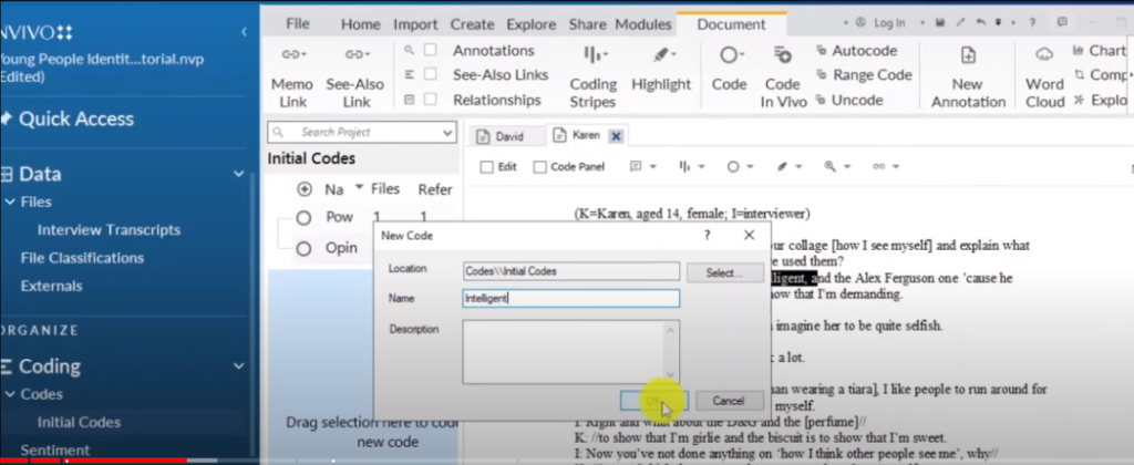 Image showing the creation of a code in Nvivo 14