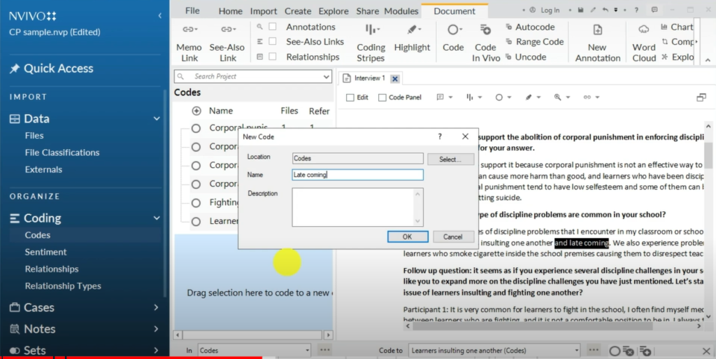 Image showing the creation of a code in Nvivo 14