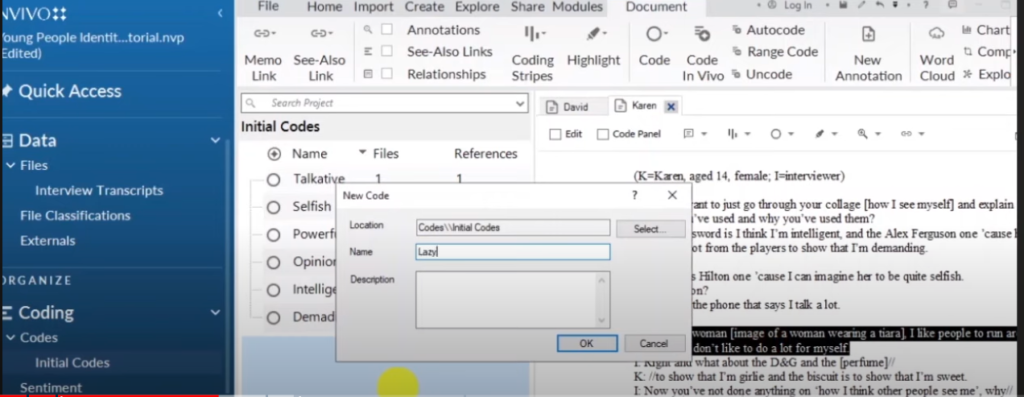 Image showing the creation of a ode in Nvivo 14