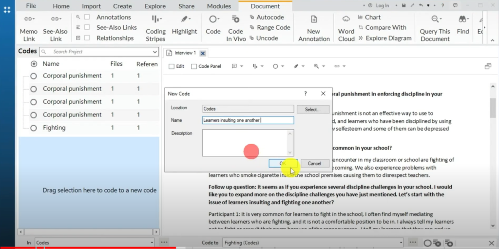 Image showing the creation of a code in Nvivo 14