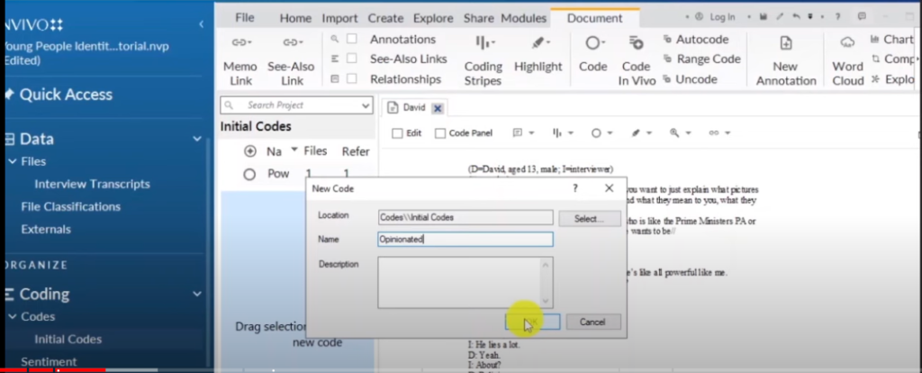 Image showing the creation of a code in Nvivo 14