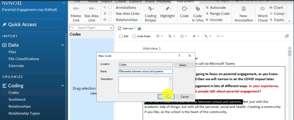 Image showing the creation of a code in Nvivo 14