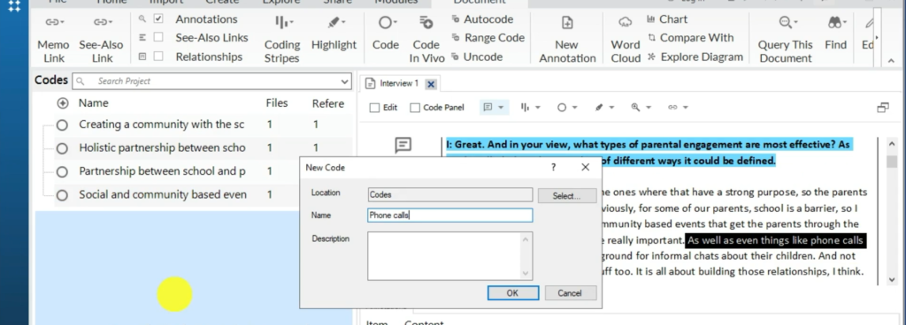 Image showing the creation of a code in Nvivo 14