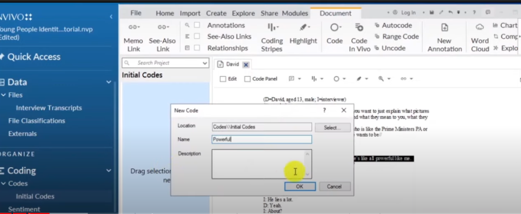 Image showing the creation of a code in Nvivo 14