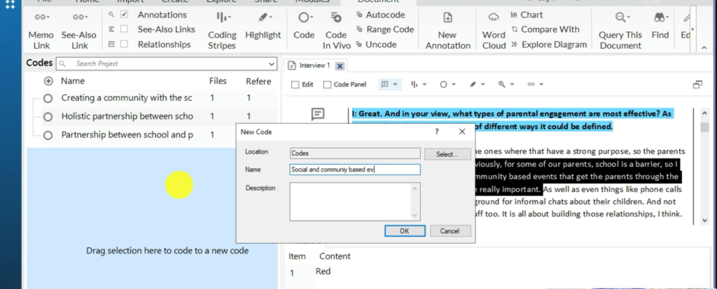 Image showing the creation of a code in Nvivo 14