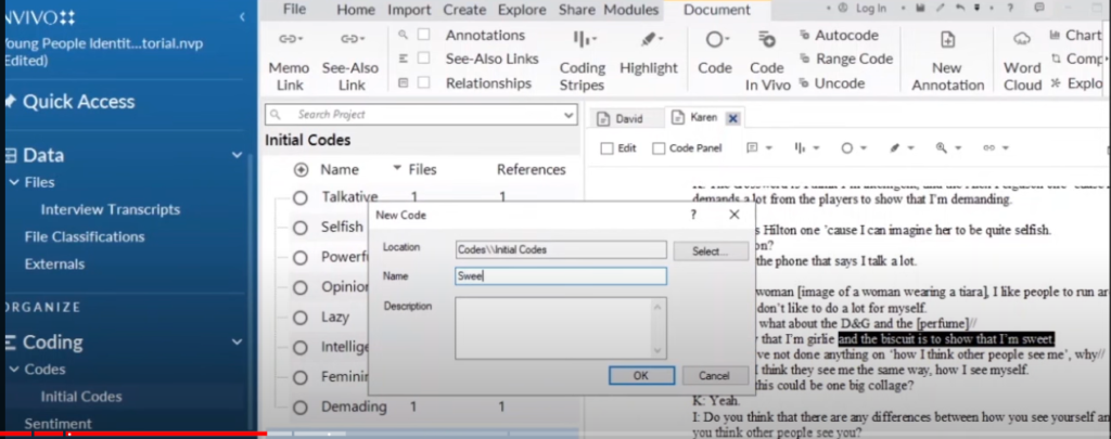 Image showing the creation of a code in Nvivo 14