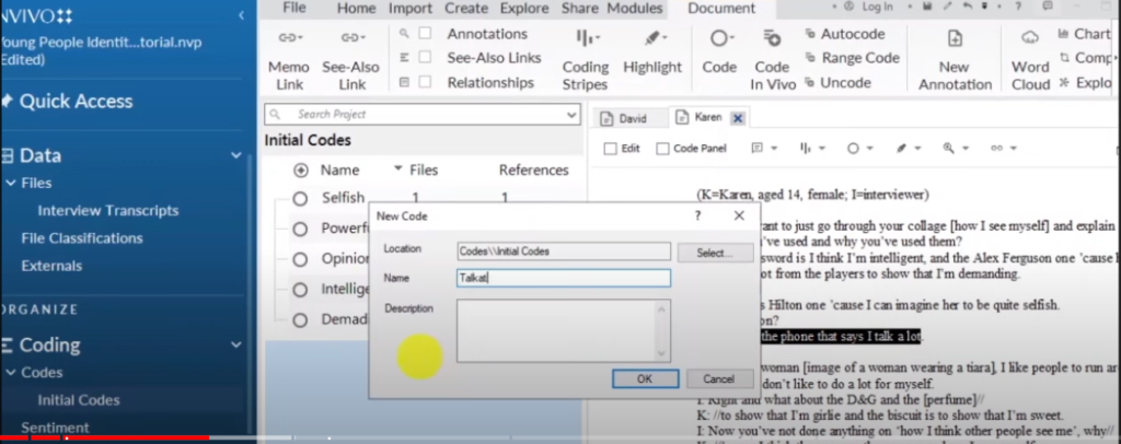 Image showing the creation of a code in Nvivo 14