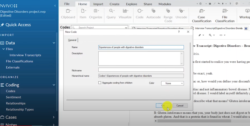 Image showing the creation of a theme in Nvivo 14