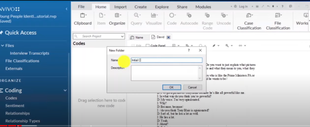 Image showing the creation of a folder in Nvivo 14