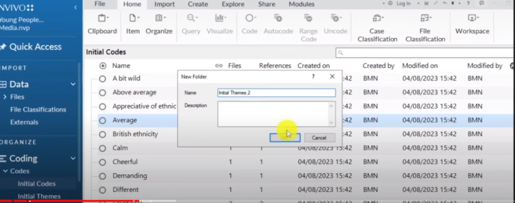 Image of the creation of a folder in Nvivo 14