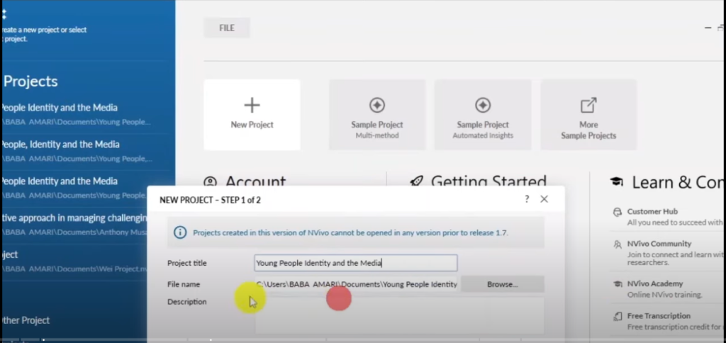 Image showing the creation of a new project in Nvivo 14