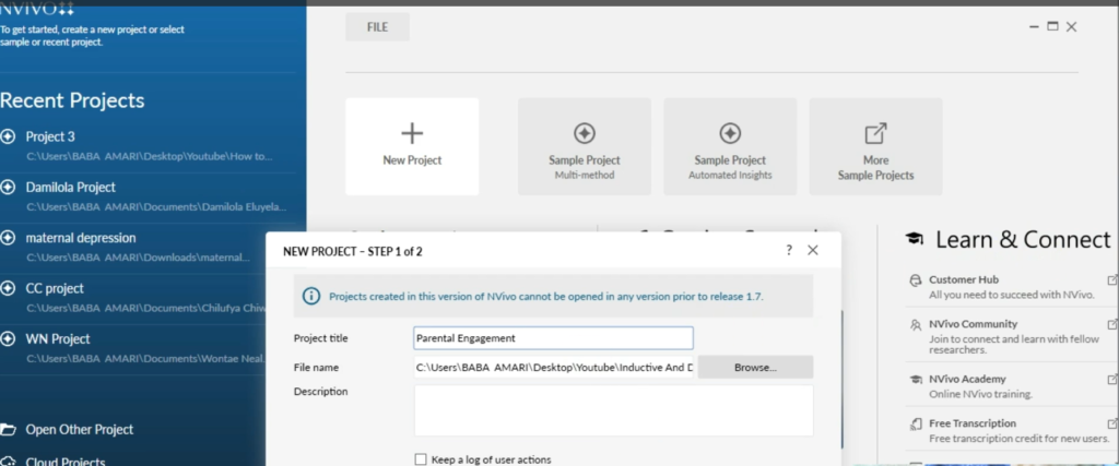  Image showing a new project being created in Nvivo 14