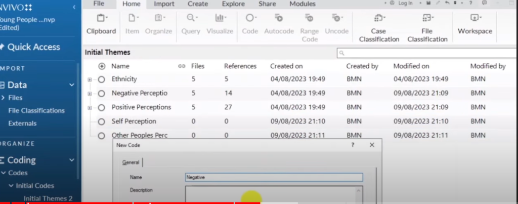 Image showing the creation of a subtheme in Nvivo 14