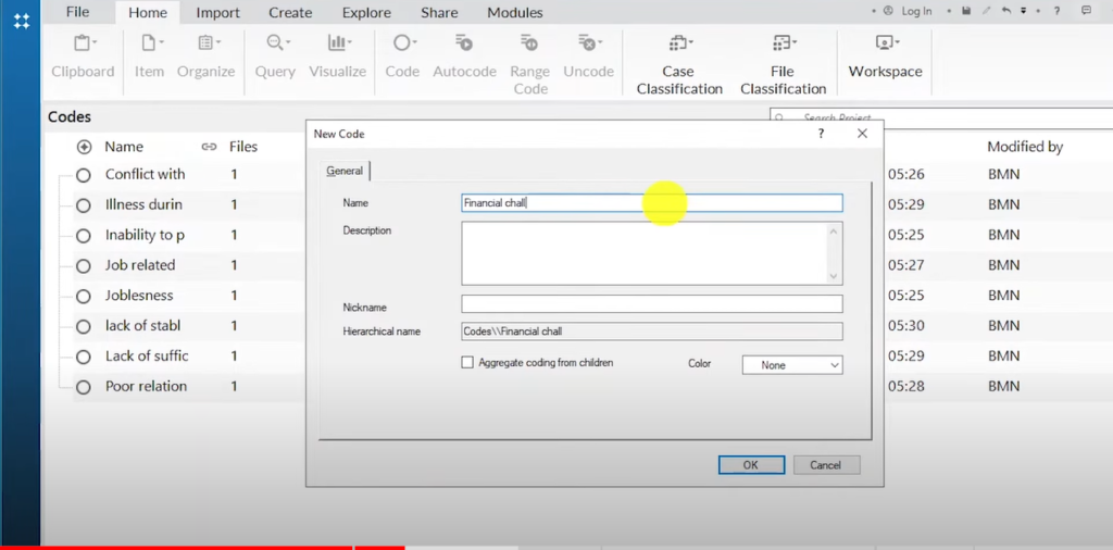 Image showing the creation of a theme in Nvivo 14