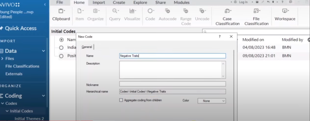 Image showing the creation of a theme in Nvivo 14