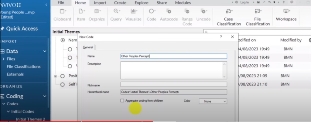 Image showing the creation of a theme in Nvivo 14