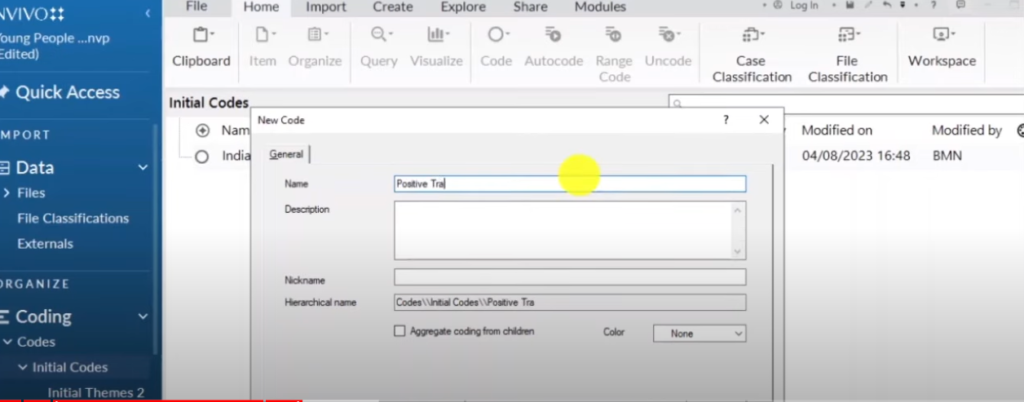 Image showing the creation of a theme in Nvivo 14