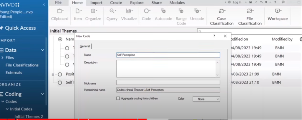 Image showing the creation of a theme in Nvivo 14