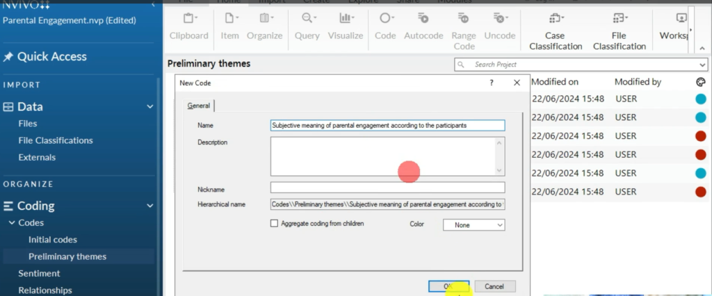 Image showing the creation of a theme in Nvivo 14