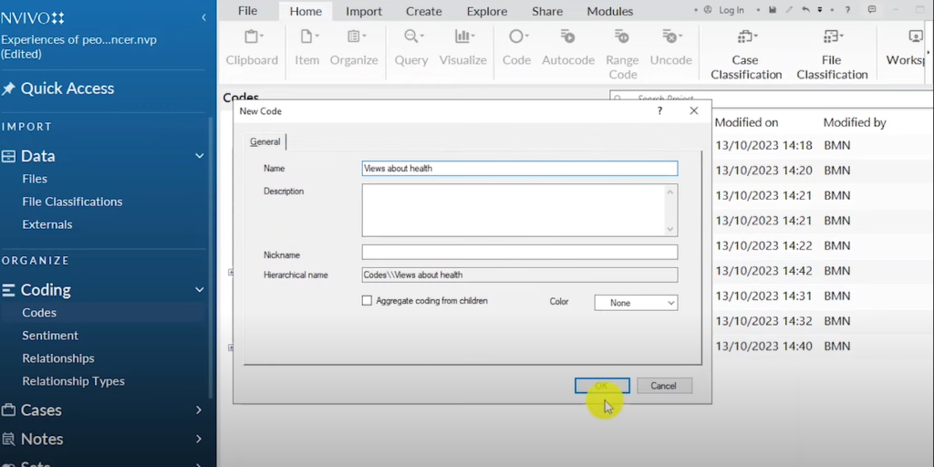 Image showing the creation of a theme in Nvivo 14