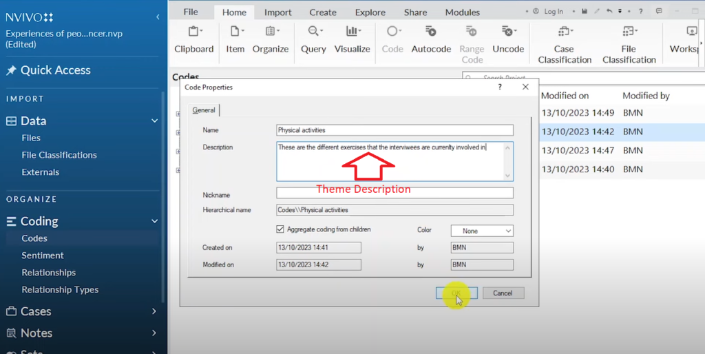 Image pointing at the description of a theme in Nvivo 14