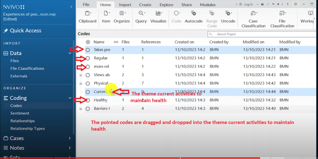 Image showing codes that should be  dragged and into a theme in Nvivo 14