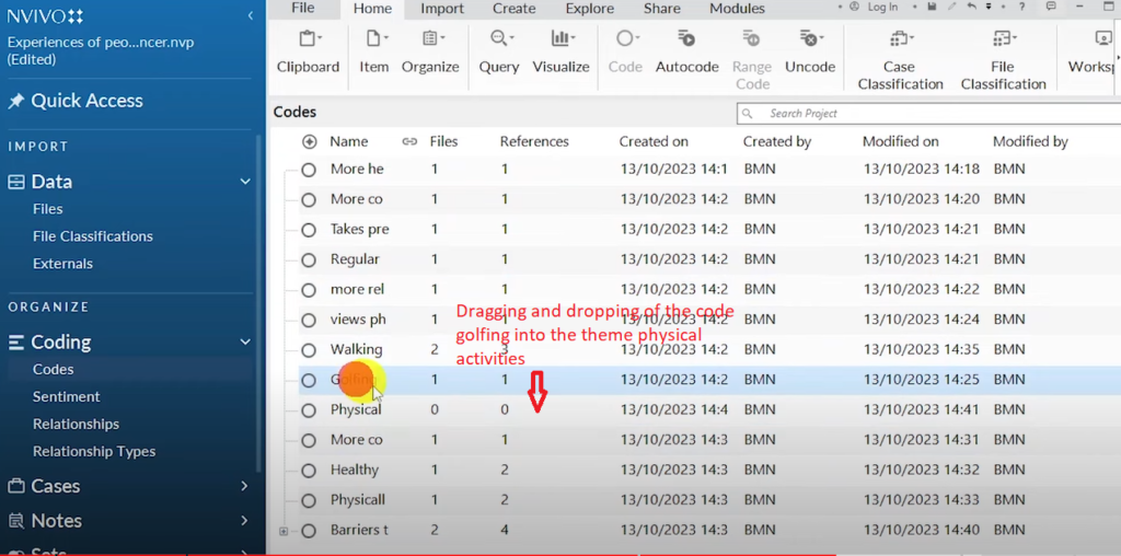 Image showing the drag and dropping of a code into a theme in Nvivo 14