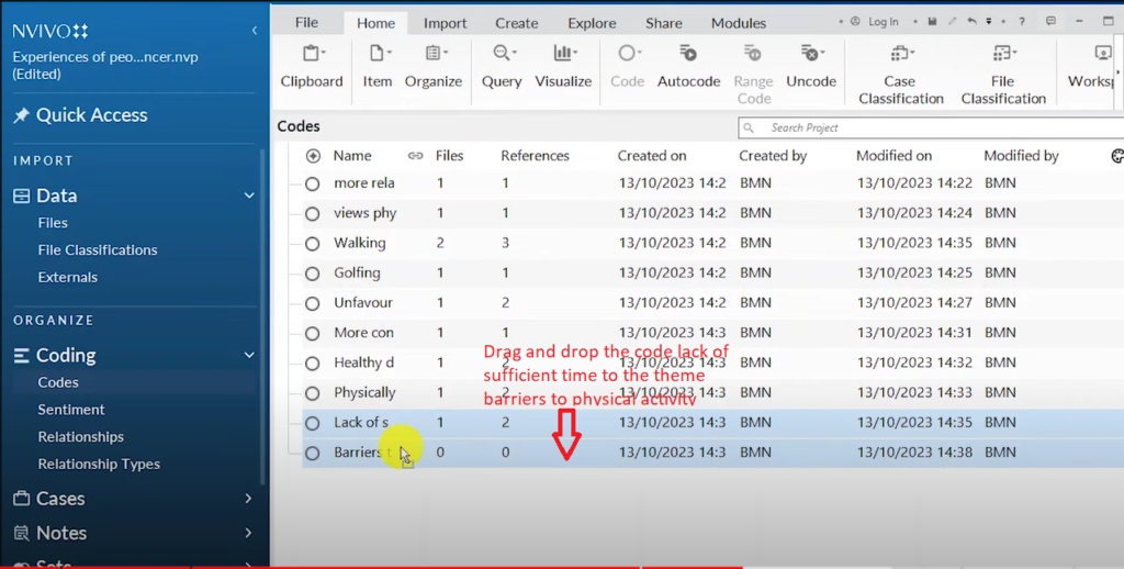 An image showing the dragging and dropping of a code to a theme in Nvivo 14