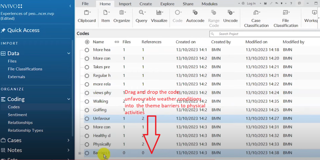 Image showing the dragging of a code into a theme in Nvivo 14