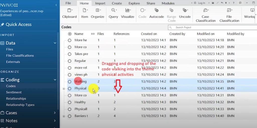 Image showing the dragging a dropping of code into a theme in Nvivo 14