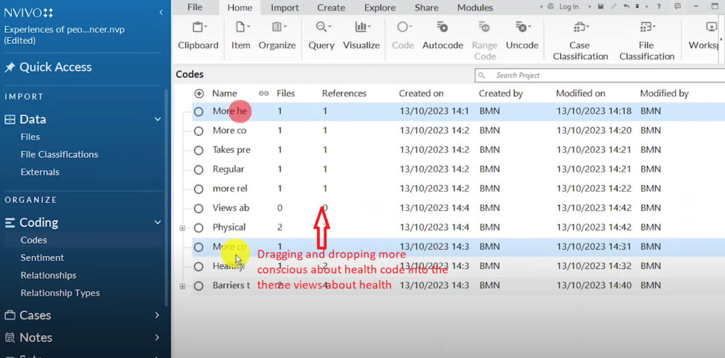 Image showing the dragging and dropping of a code into a theme in Nvivo 14