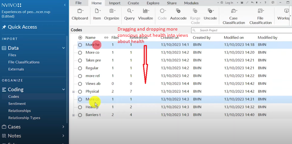 Image showing the dragging and dropping of a code into a theme in Nvivo 14