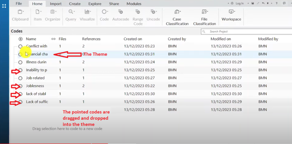 Image showing codes to be dragged into a theme in Nvivo 14