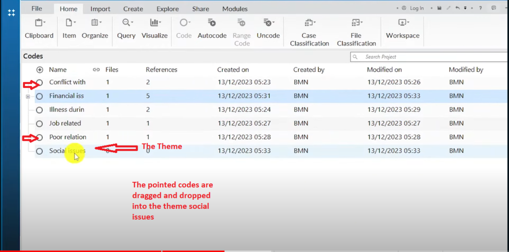 Image showing codes  to be dropped in a theme in Nvivo 14