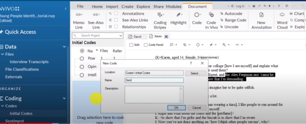 Image showing the creation of a code in Nvivo 14