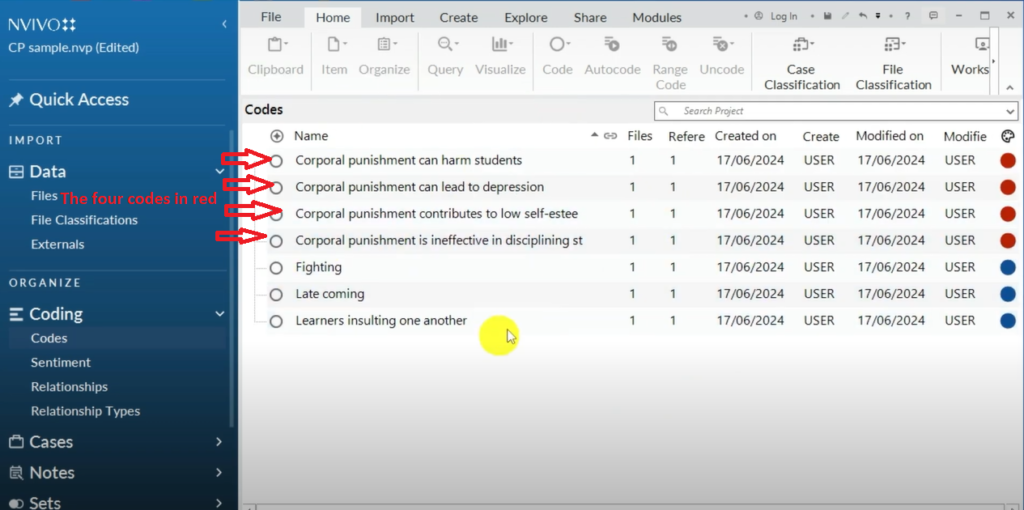 Image  showing colour coded codes in Nvivo 14