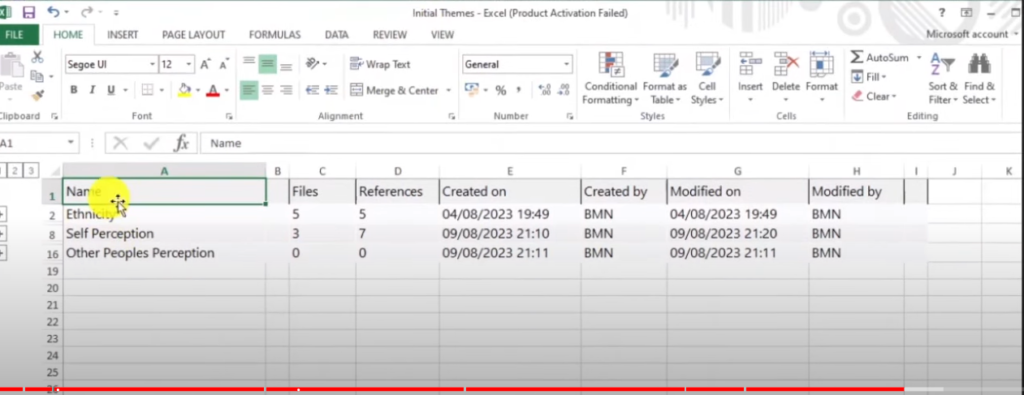 Image showing a list of themes in excel. The themes were exported from Nvivo 14