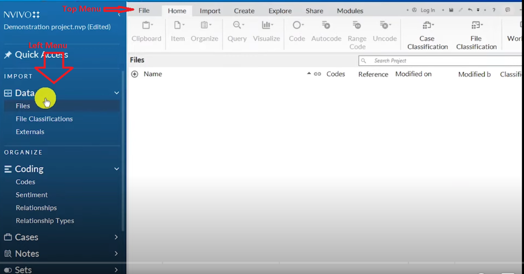 The left and the top menu in Nvivo 14