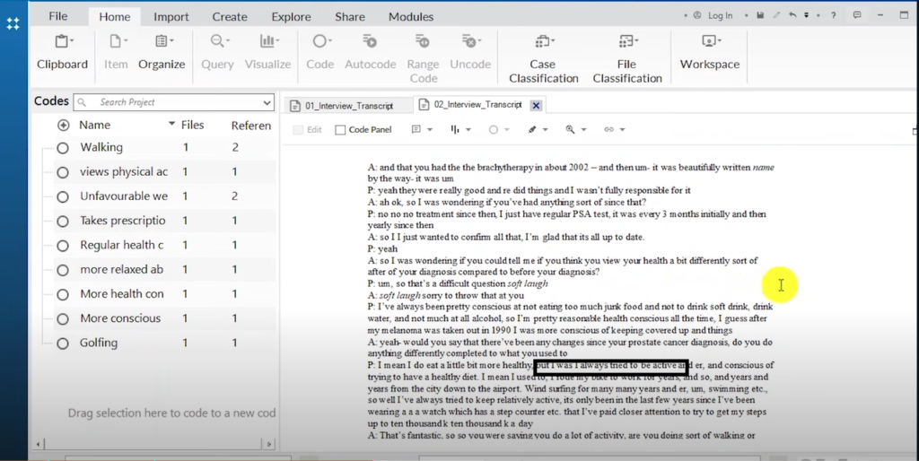 Image showing a section of a transcript in in Nvivo 14