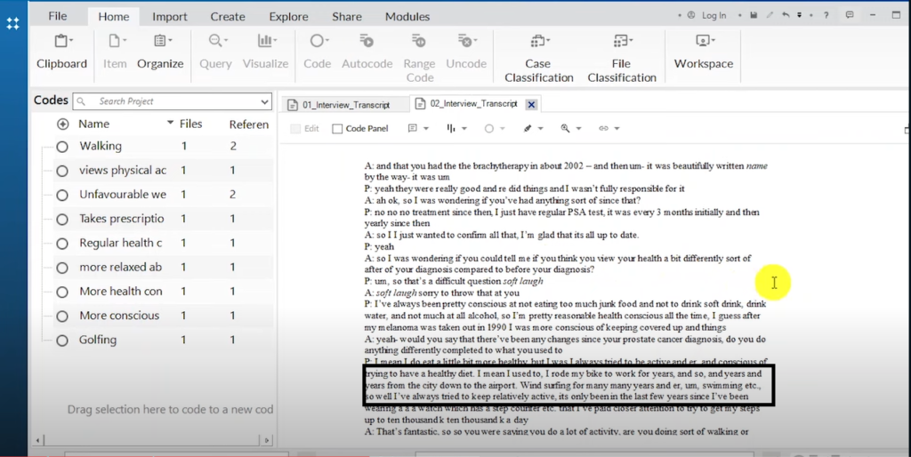 Image showing a section of a transcript in Nvivo 14