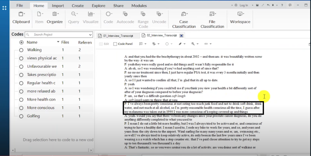 Image showing a section of a transcript in Nvivo 14